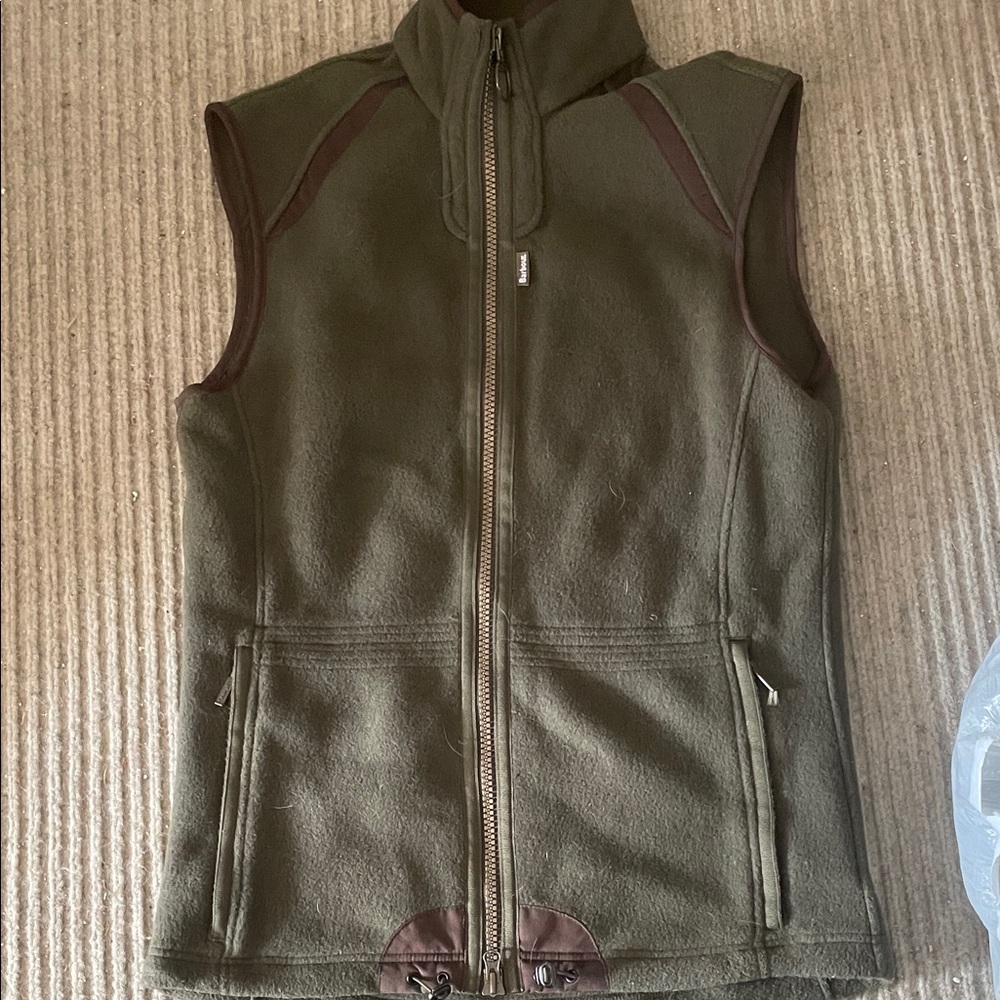 Barbour Olive Green Fleece Vest with Brown Trim